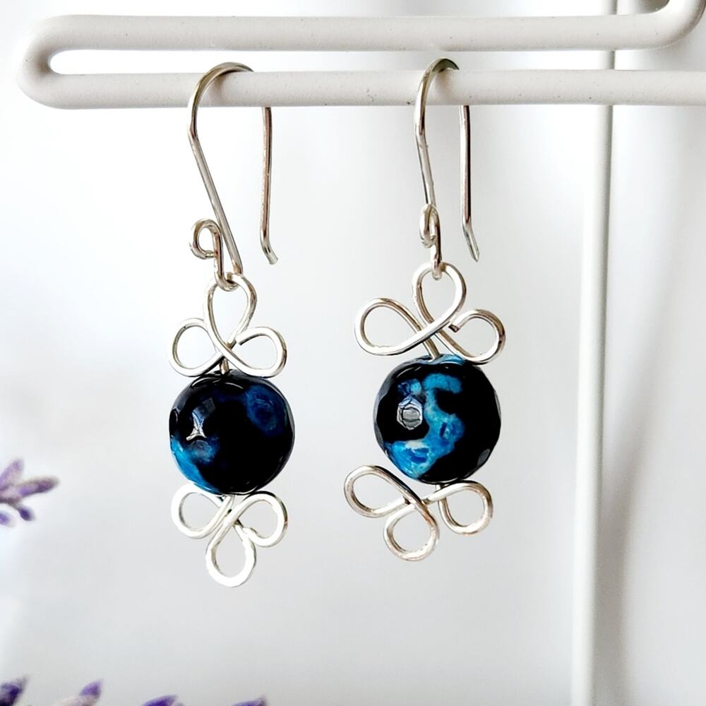 Agate Stone Beads Silver Wire Wrapped Dangle Earrings